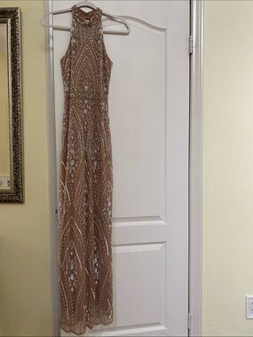Embellished Nude Beaded Halter Gown